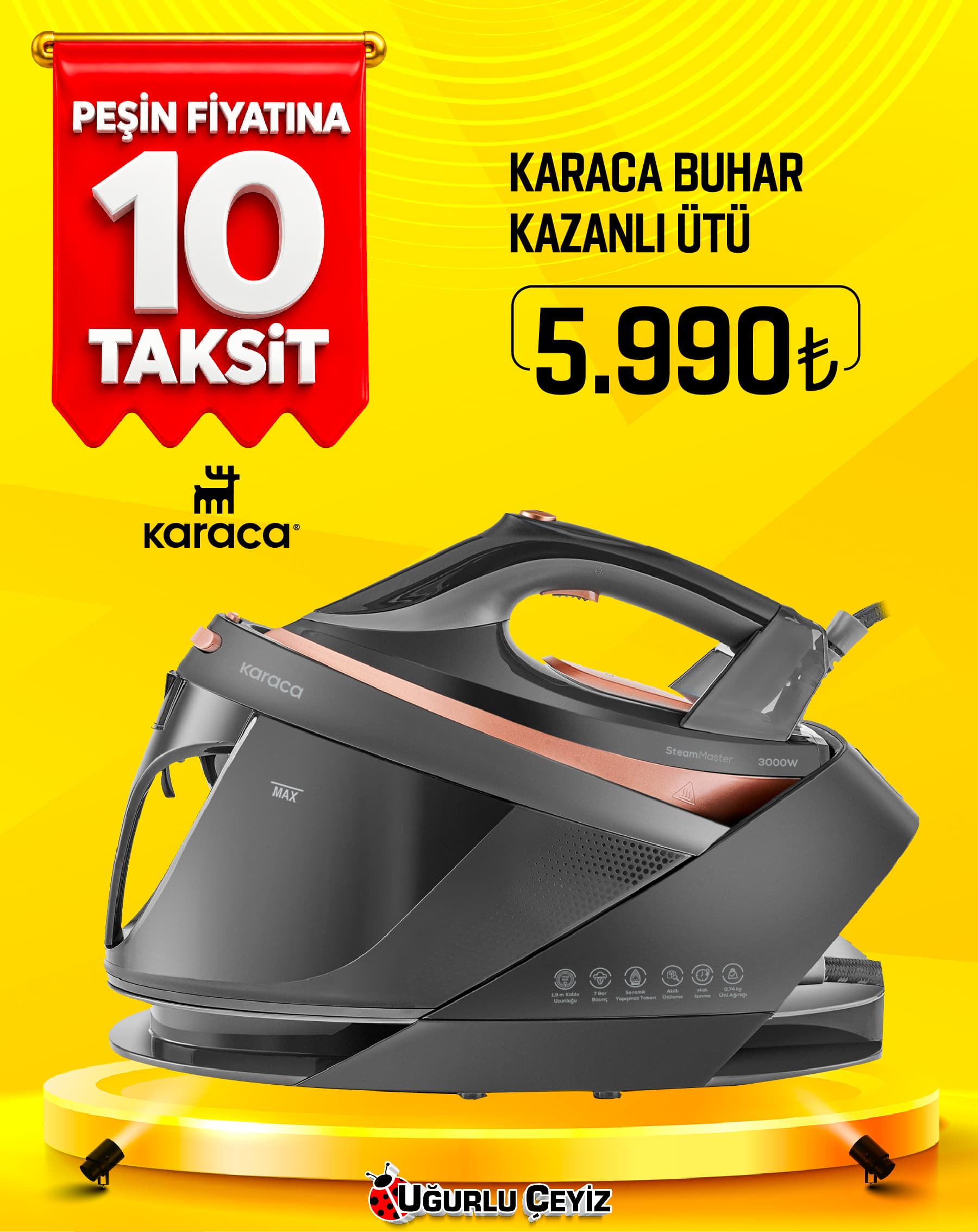 Karaca Buhar Kazanli Ütü Vantuz Steammaster Black Rose