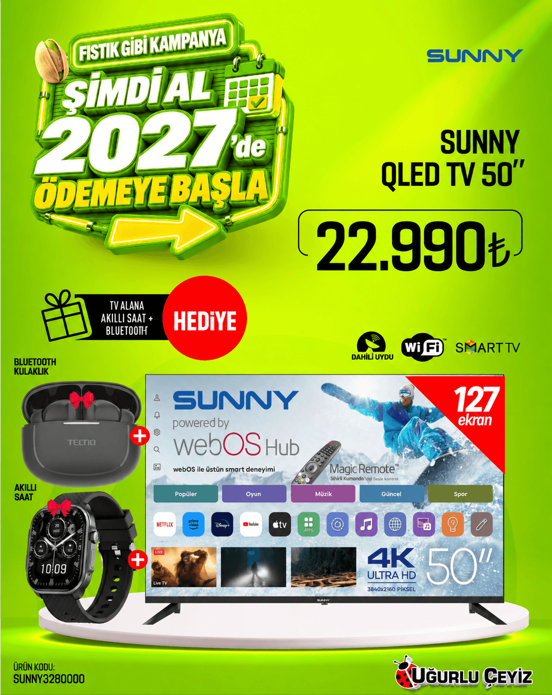 Sunny 50 İnç 127 Ekran QLED LED TV SN50QUPRL-W02M Televizyon