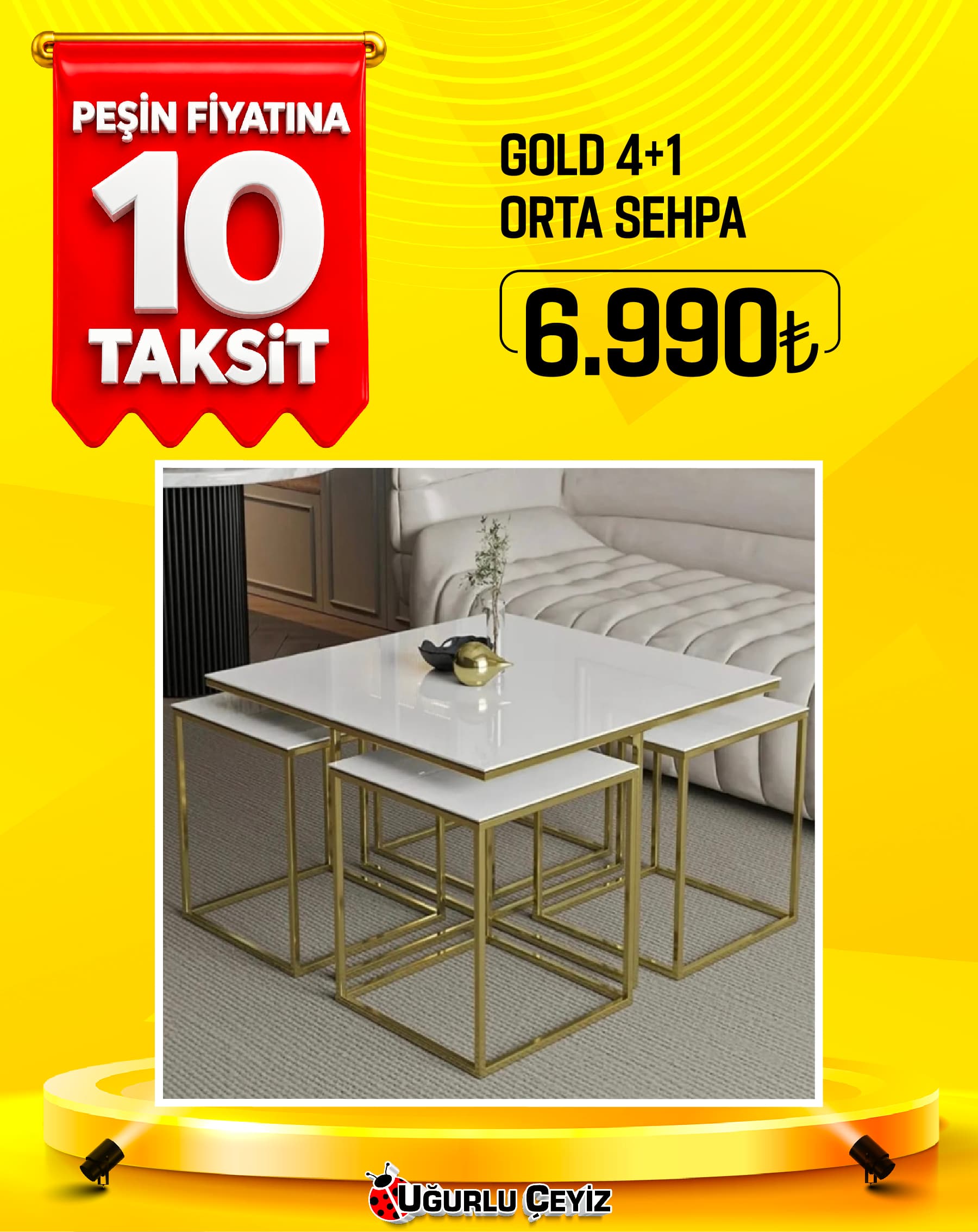 Hilal Kare Sehpa Gold 4+1
