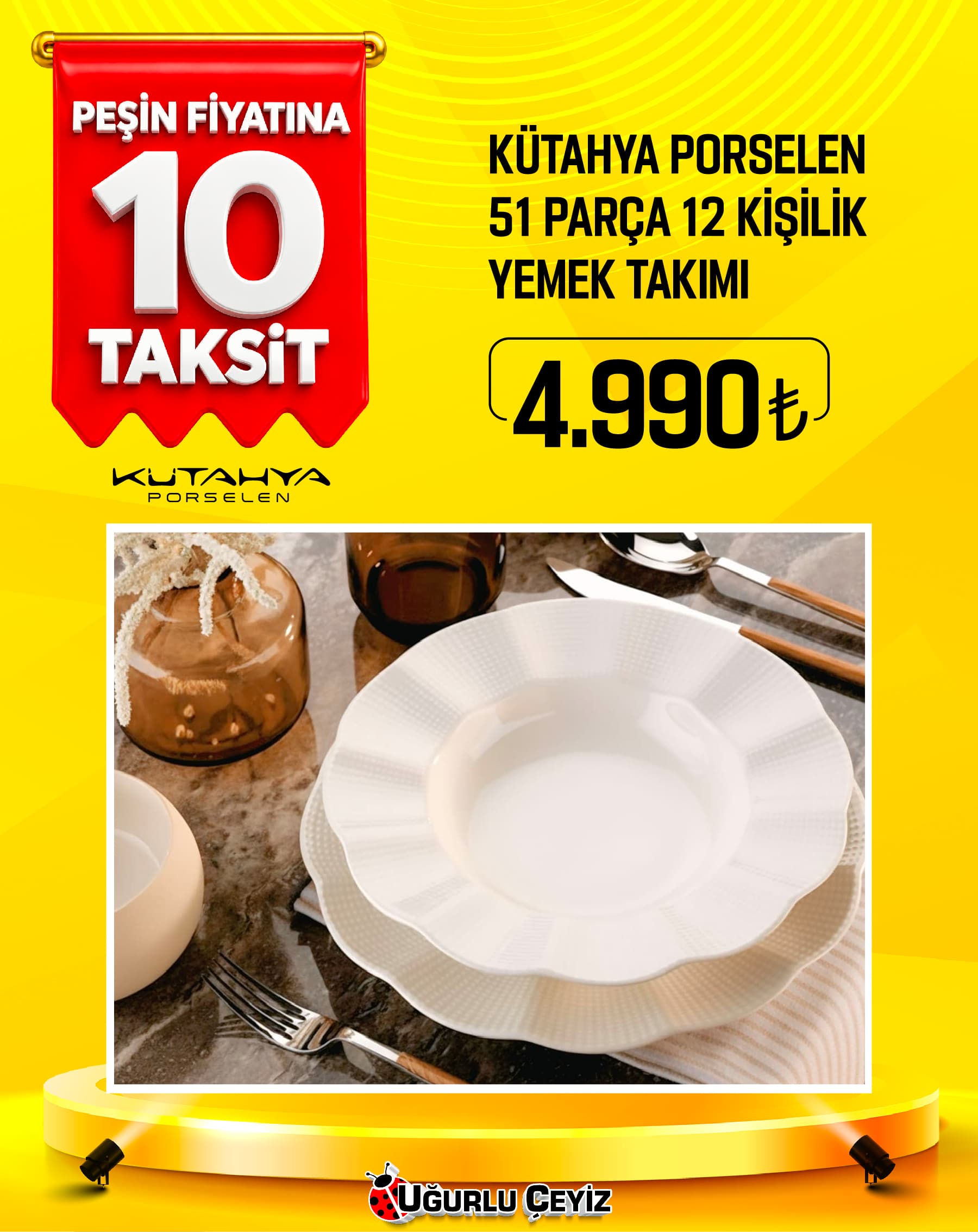 Kütahya Yemek Takımı 51 Parça Dekorlu Pearl Milena Krem MLN51 YT694 Rs 20