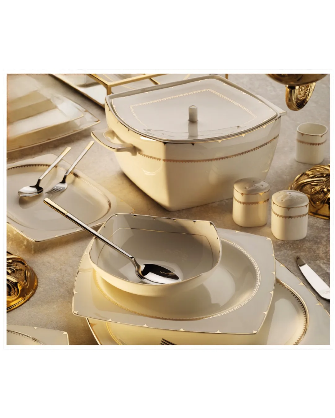 Aryıldız Yemek Takımı 60 Parça Bone Square Porselen Platin Rose 31036